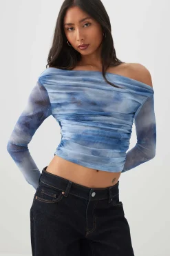 Asymmetrical Ruched Mesh top