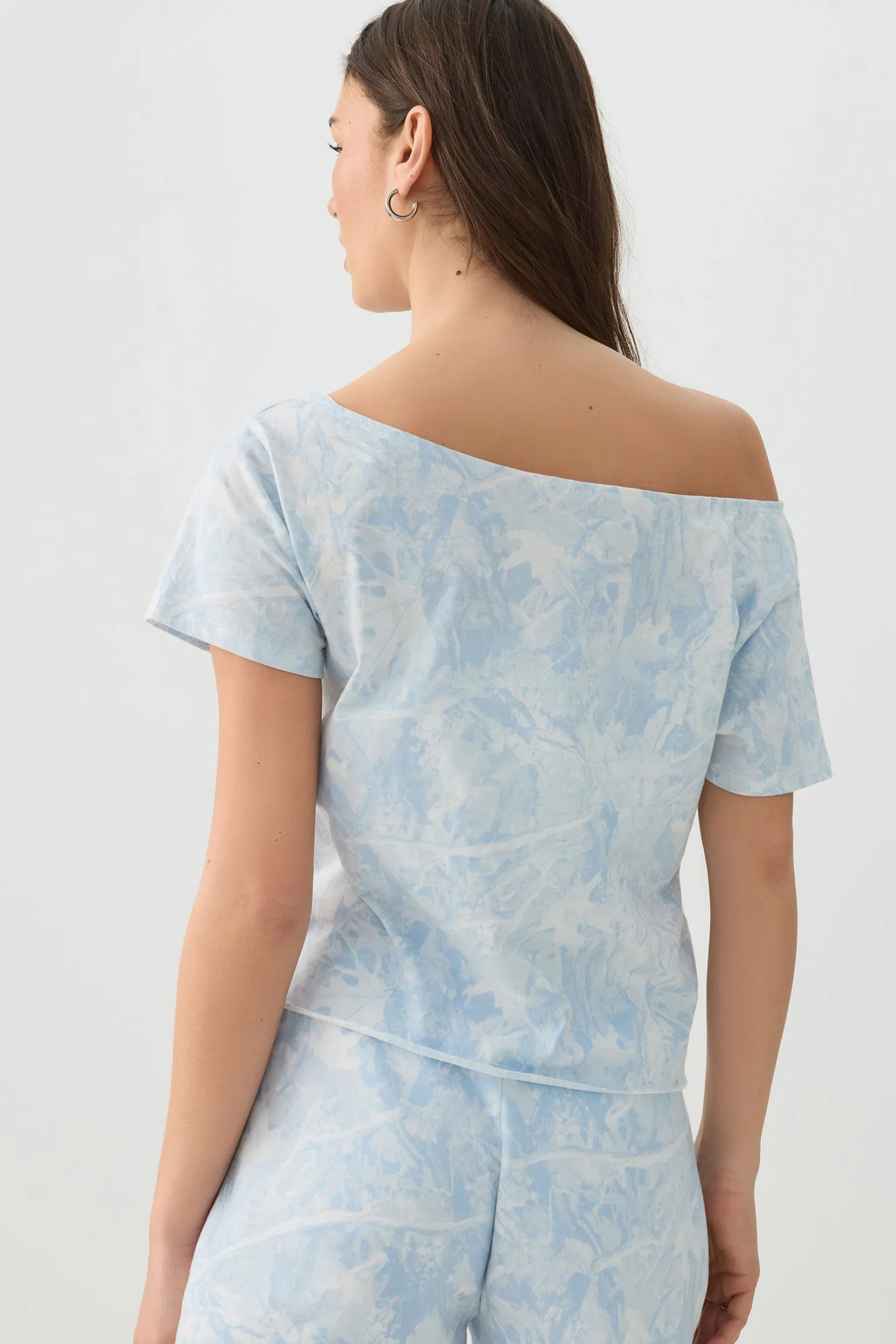 Blue Camouflage Off Shoulder T-Shirt