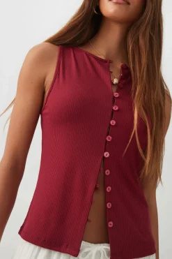 Button Front Rib Tank Top