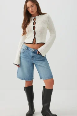 Contrast Trim Button Front Crop Cardigan