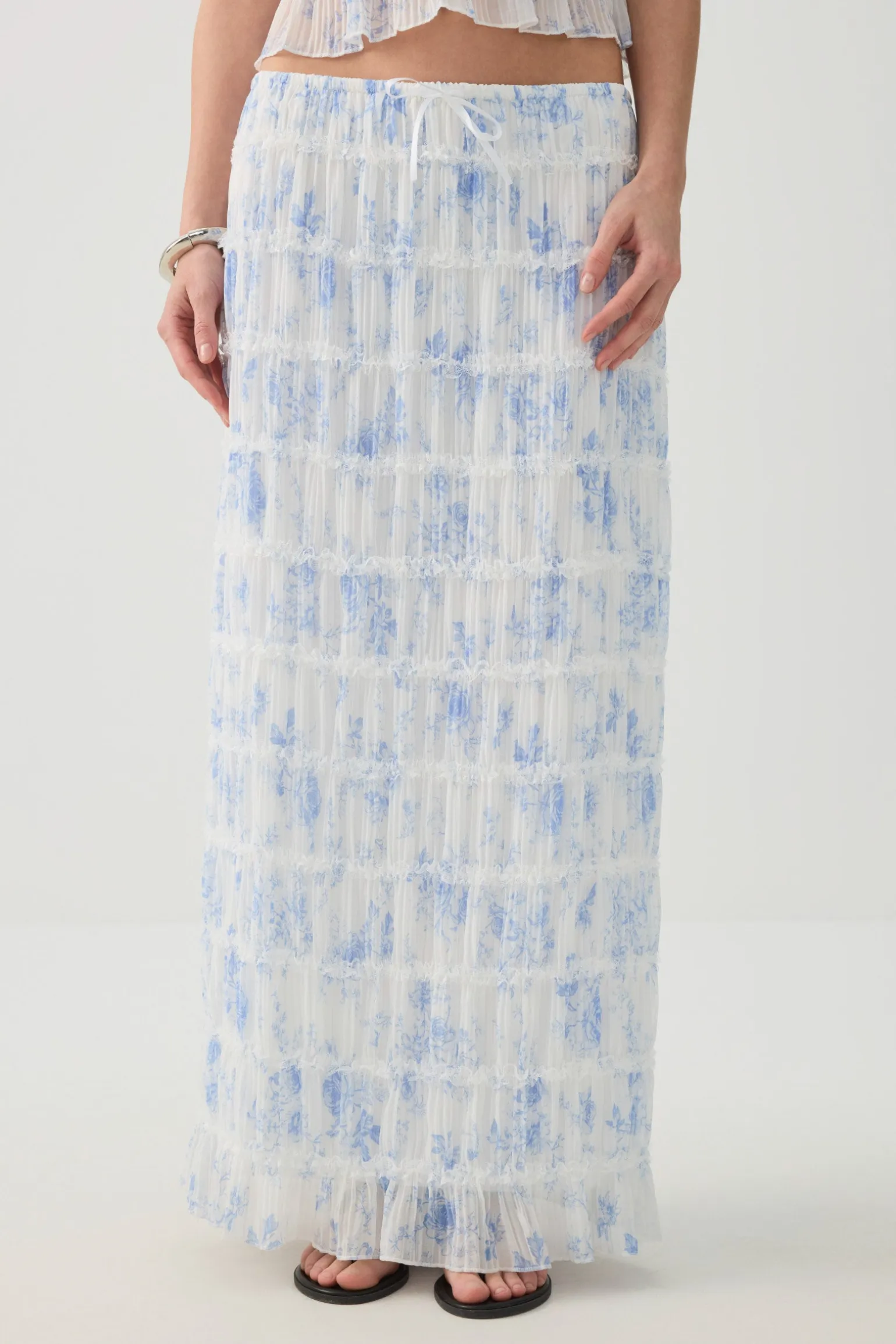 Crinkled Chiffon Tiered Maxi Skirt