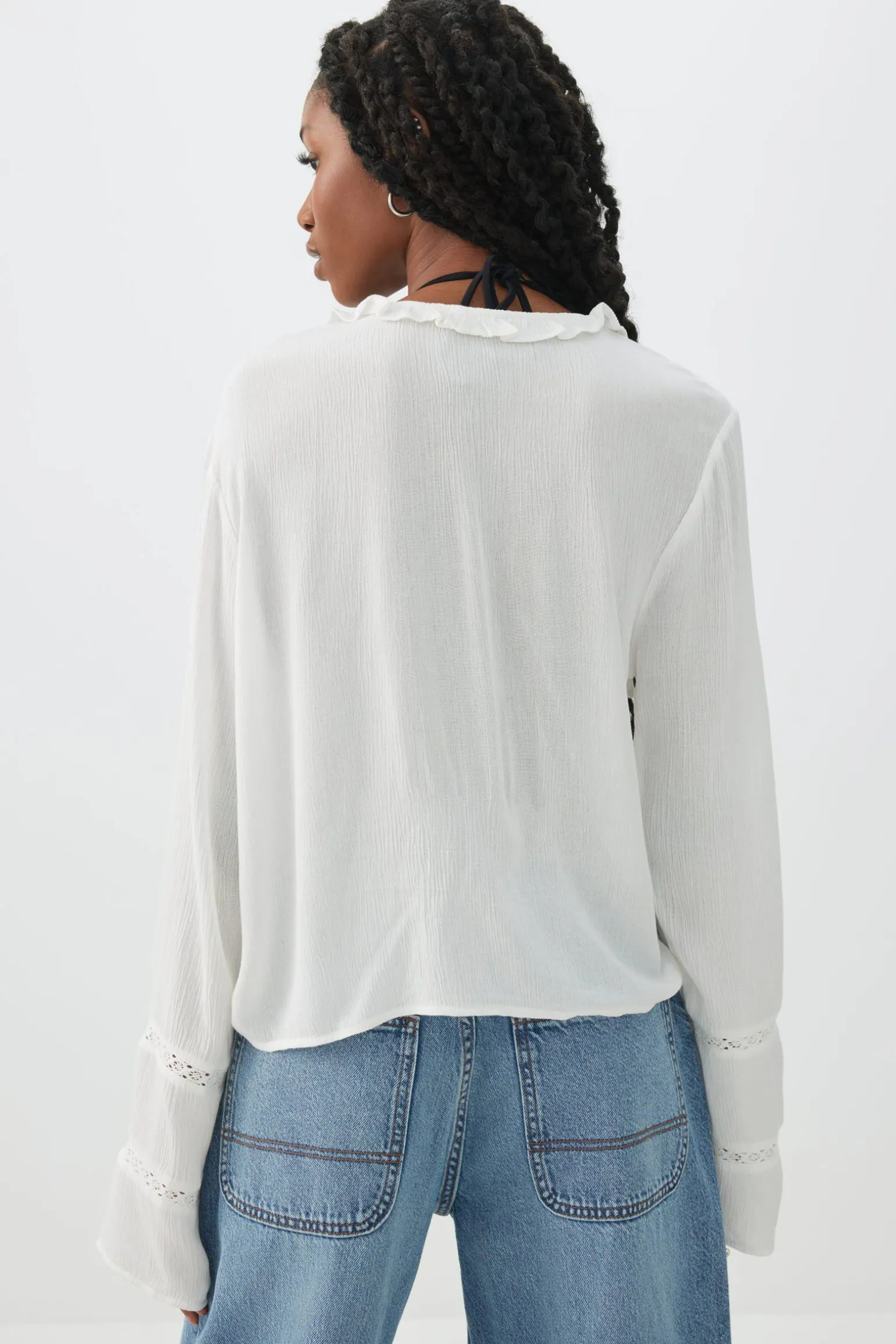 Crinkled Tie Front Blouse with Ruffles