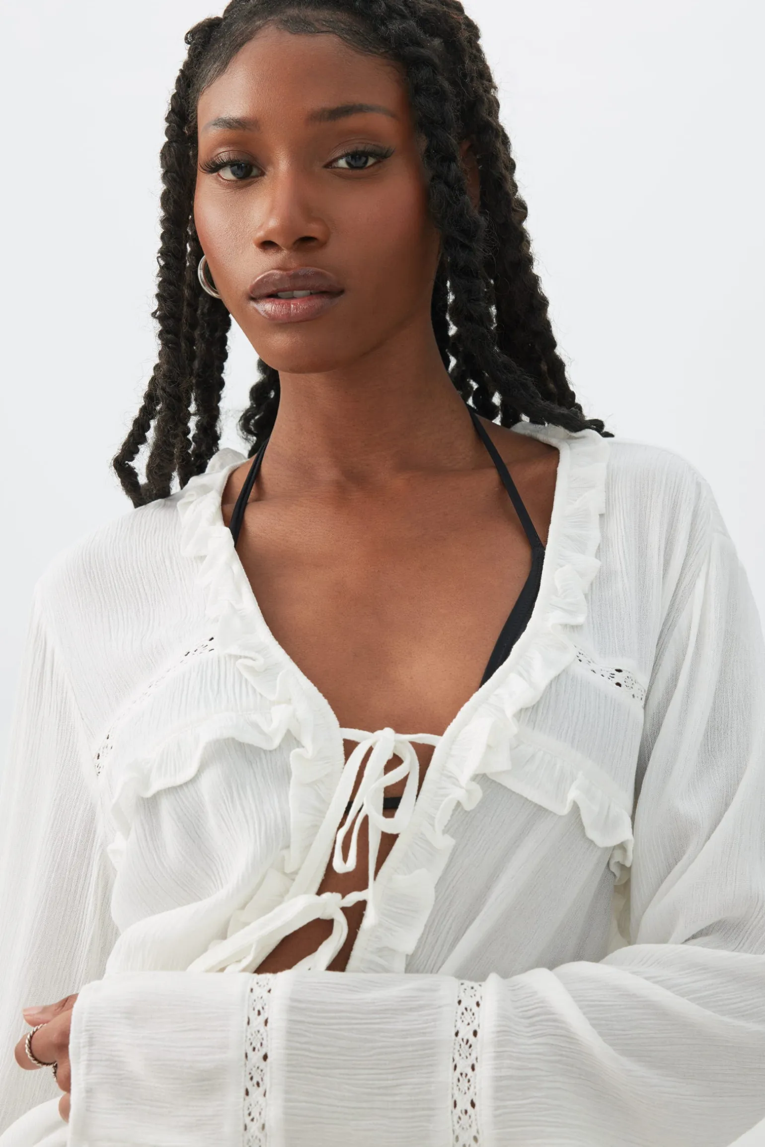 Crinkled Tie Front Blouse with Ruffles