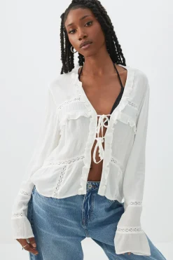Crinkled Tie Front Blouse with Ruffles