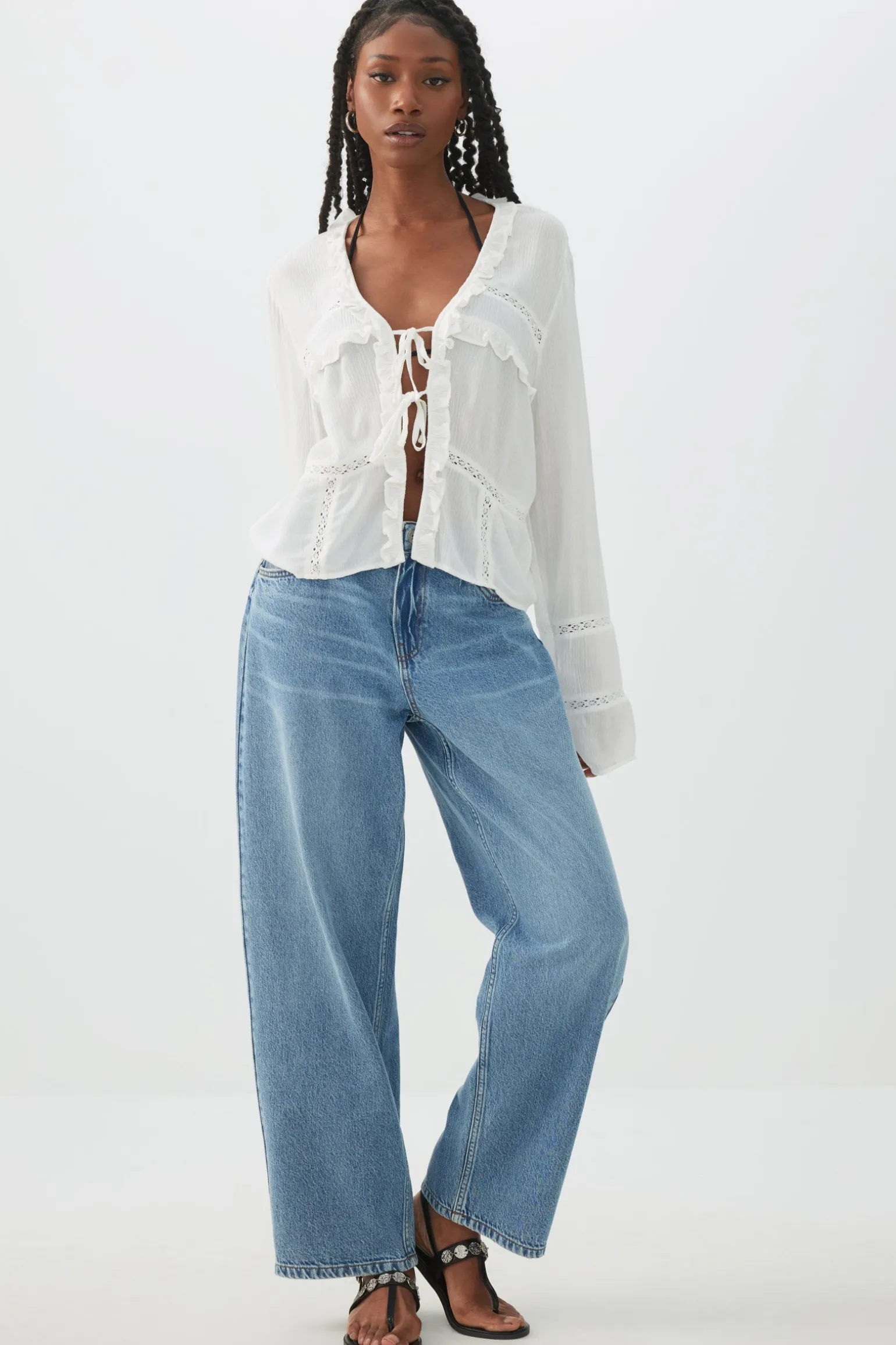 Crinkled Tie Front Blouse with Ruffles