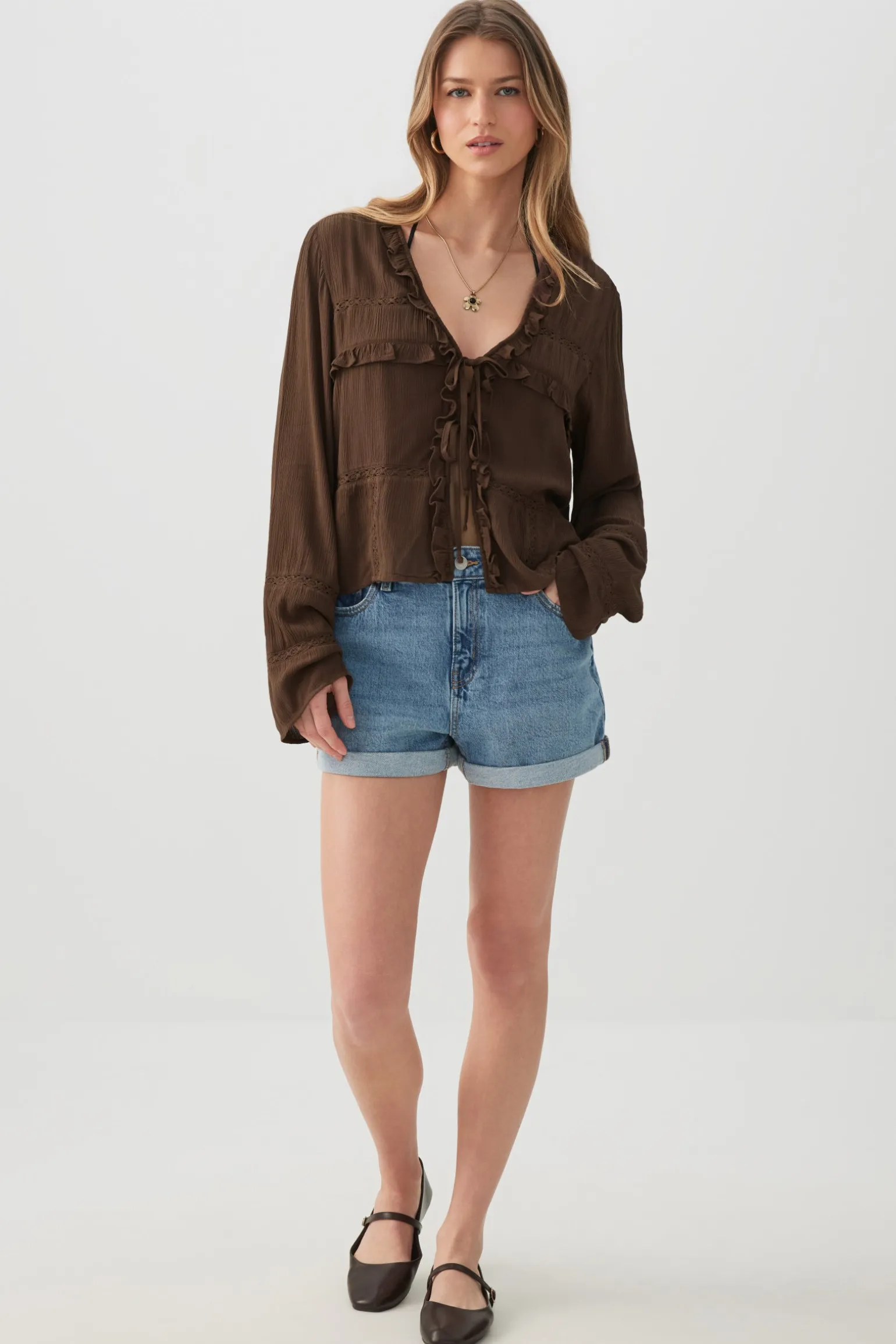 Crinkled Tie Front Blouse with Ruffles