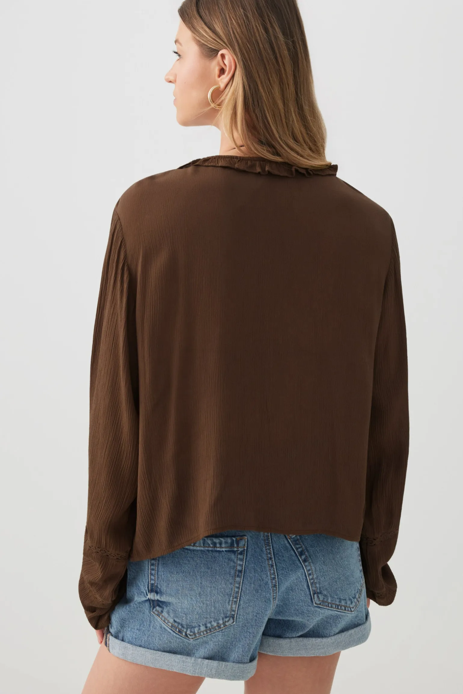 Crinkled Tie Front Blouse with Ruffles