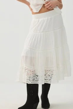 Crochet Trim Tiered Midi Skirt