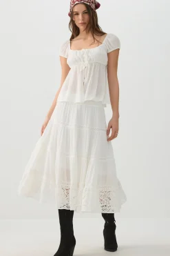 Crochet Trim Tiered Midi Skirt