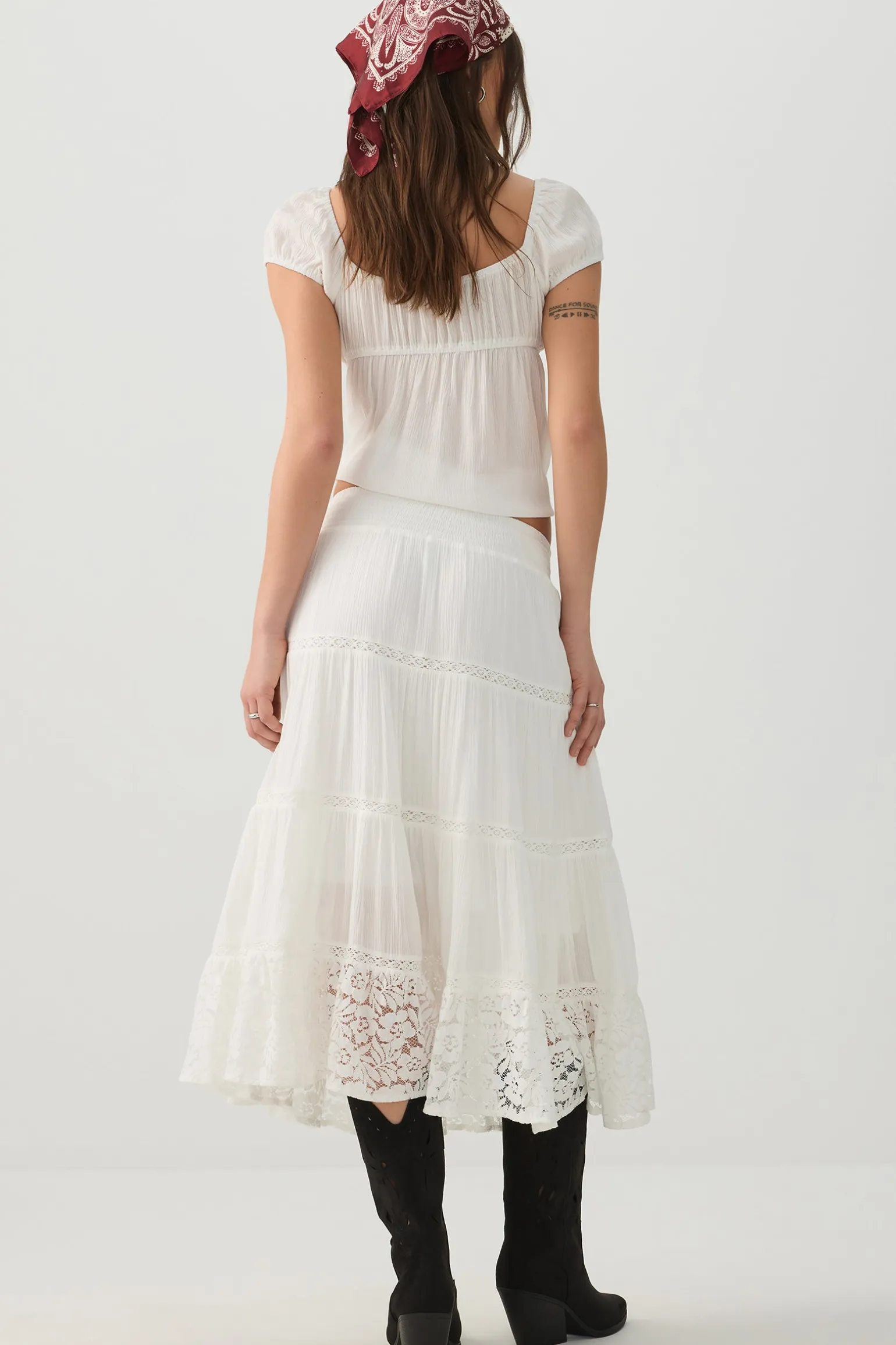 Crochet Trim Tiered Midi Skirt