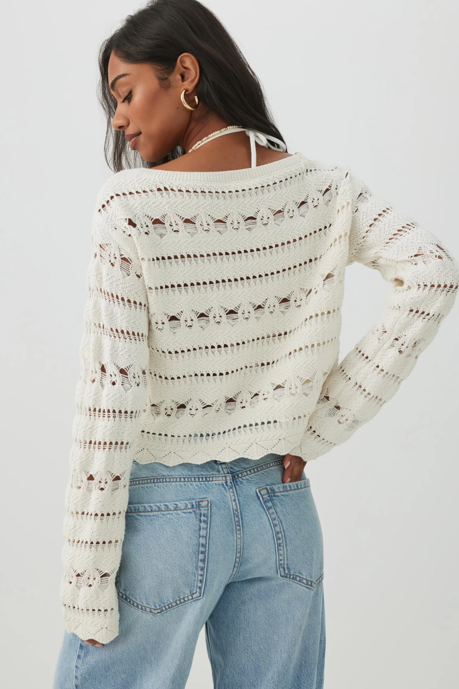Crop Open Stitch Boat Neck Sweater