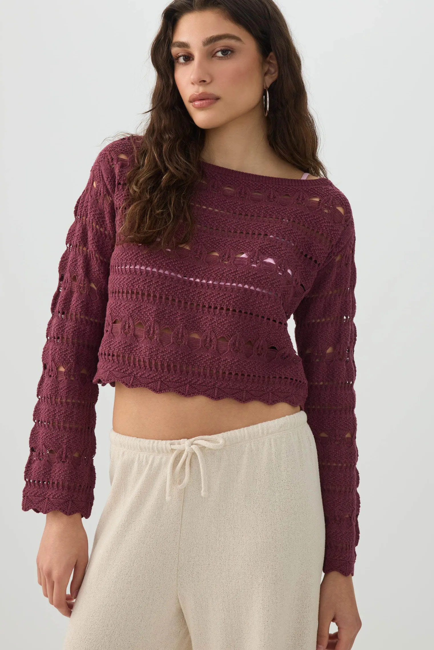 Crop Open Stitch Boat Neck Sweater