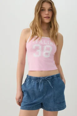 Denim Mid Rise Shorts with Patch Pockets