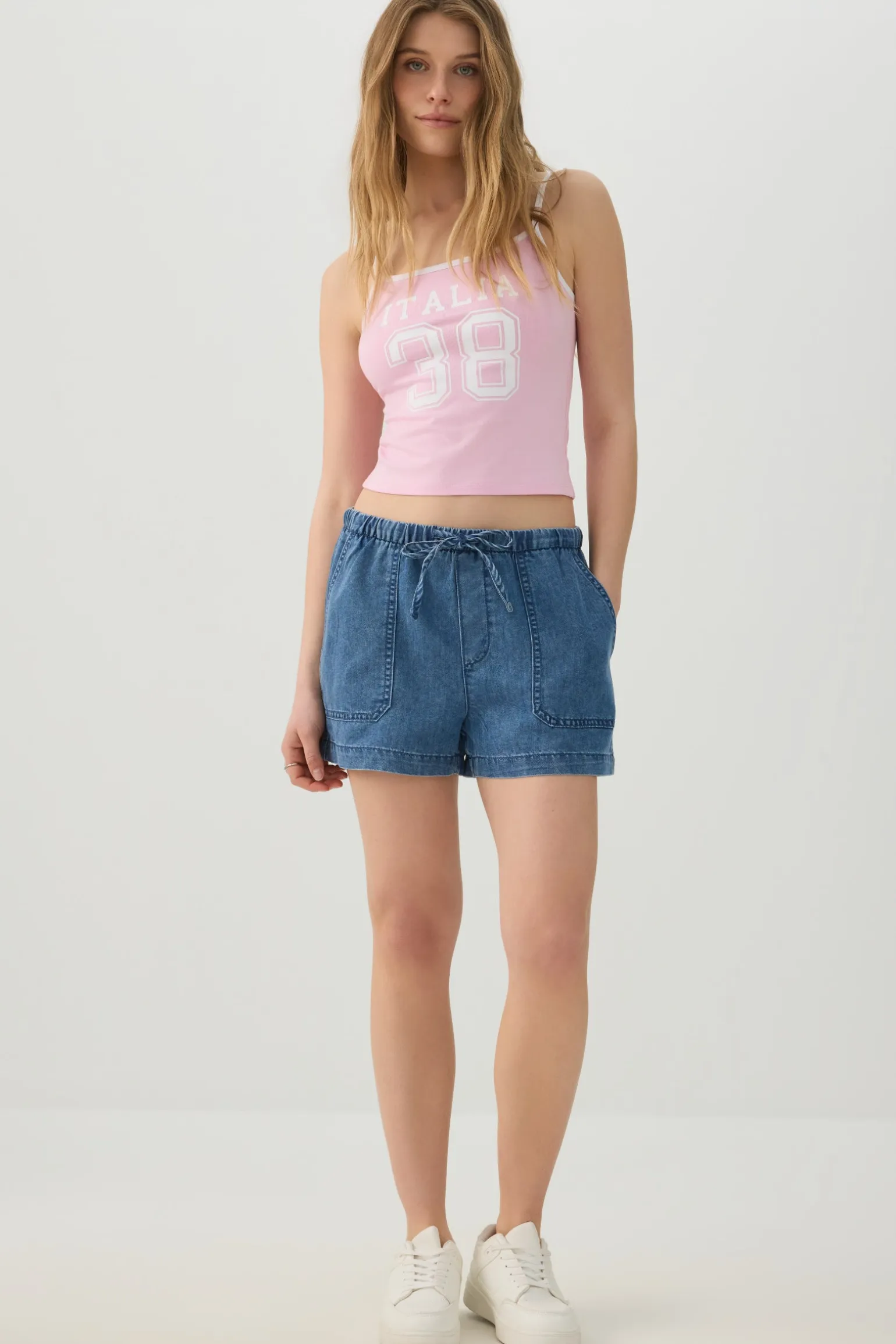 Denim Mid Rise Shorts with Patch Pockets