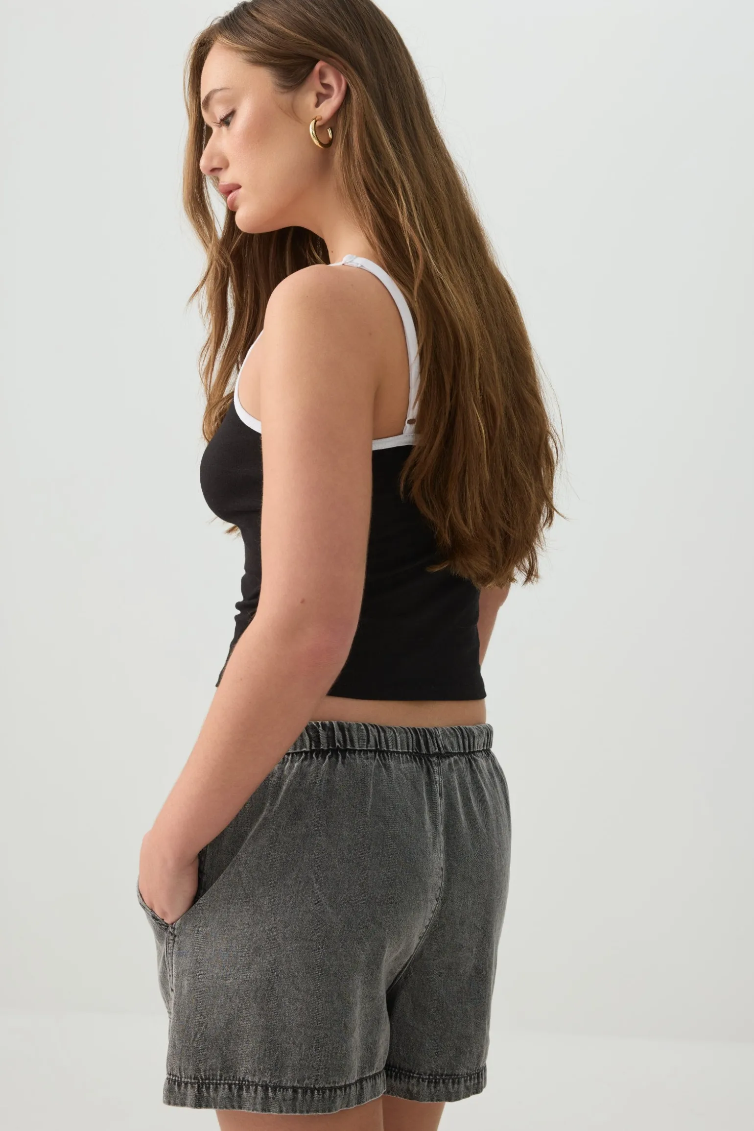 Denim Mid Rise Shorts with Patch Pockets