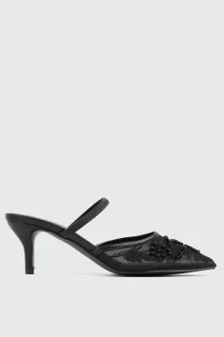 Embroidered Mesh Mule Heels