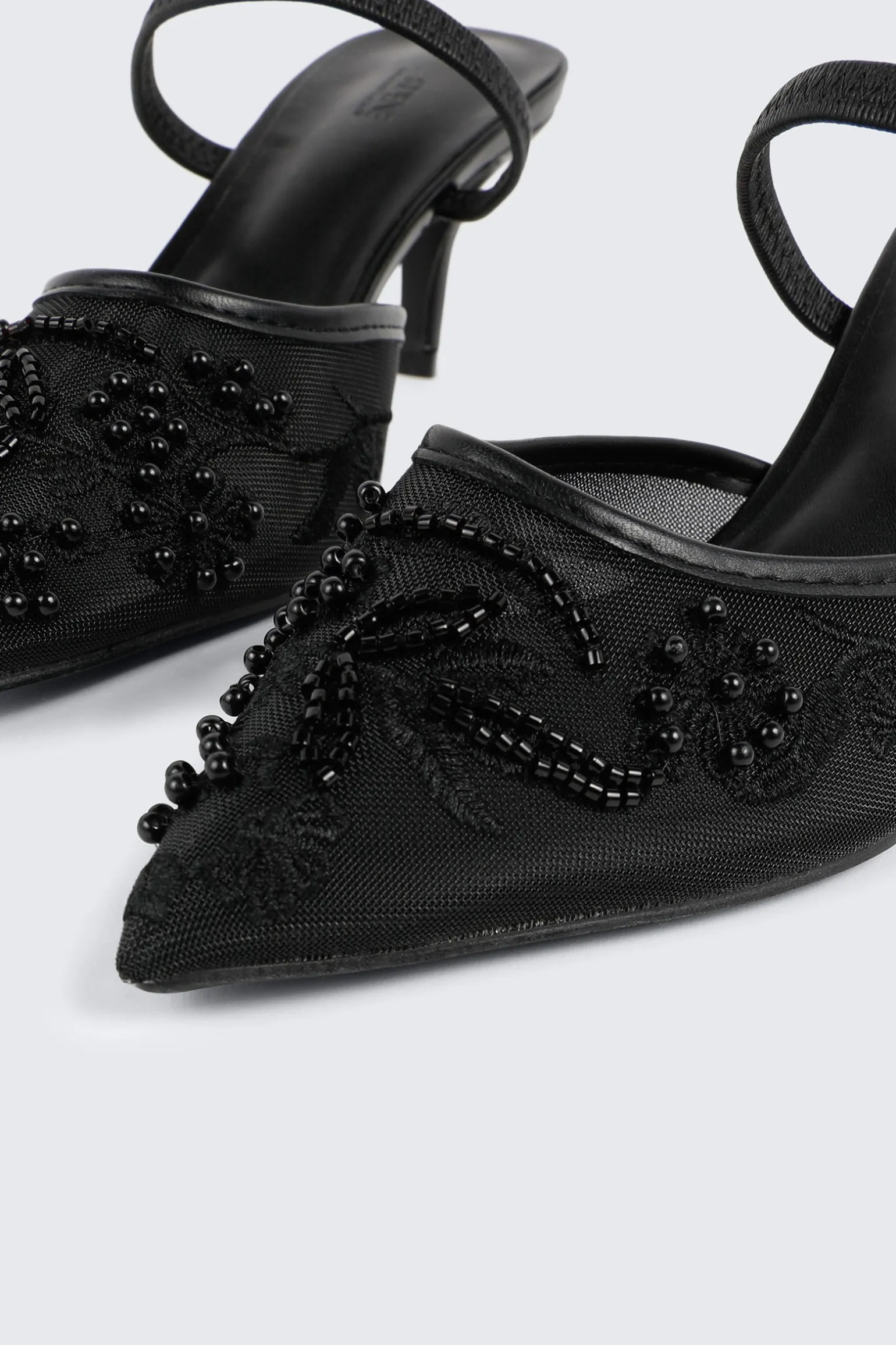 Embroidered Mesh Mule Heels