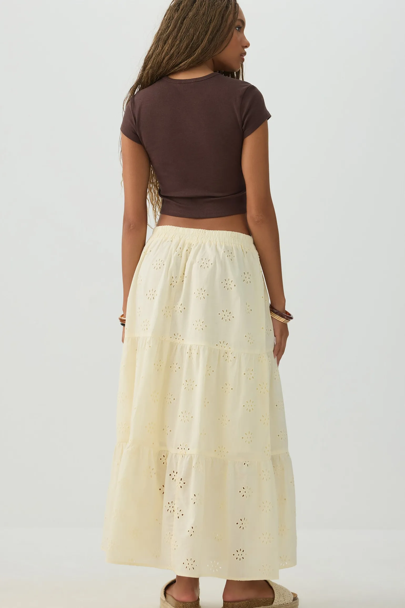 Eyelet Tiered Midi Skirt