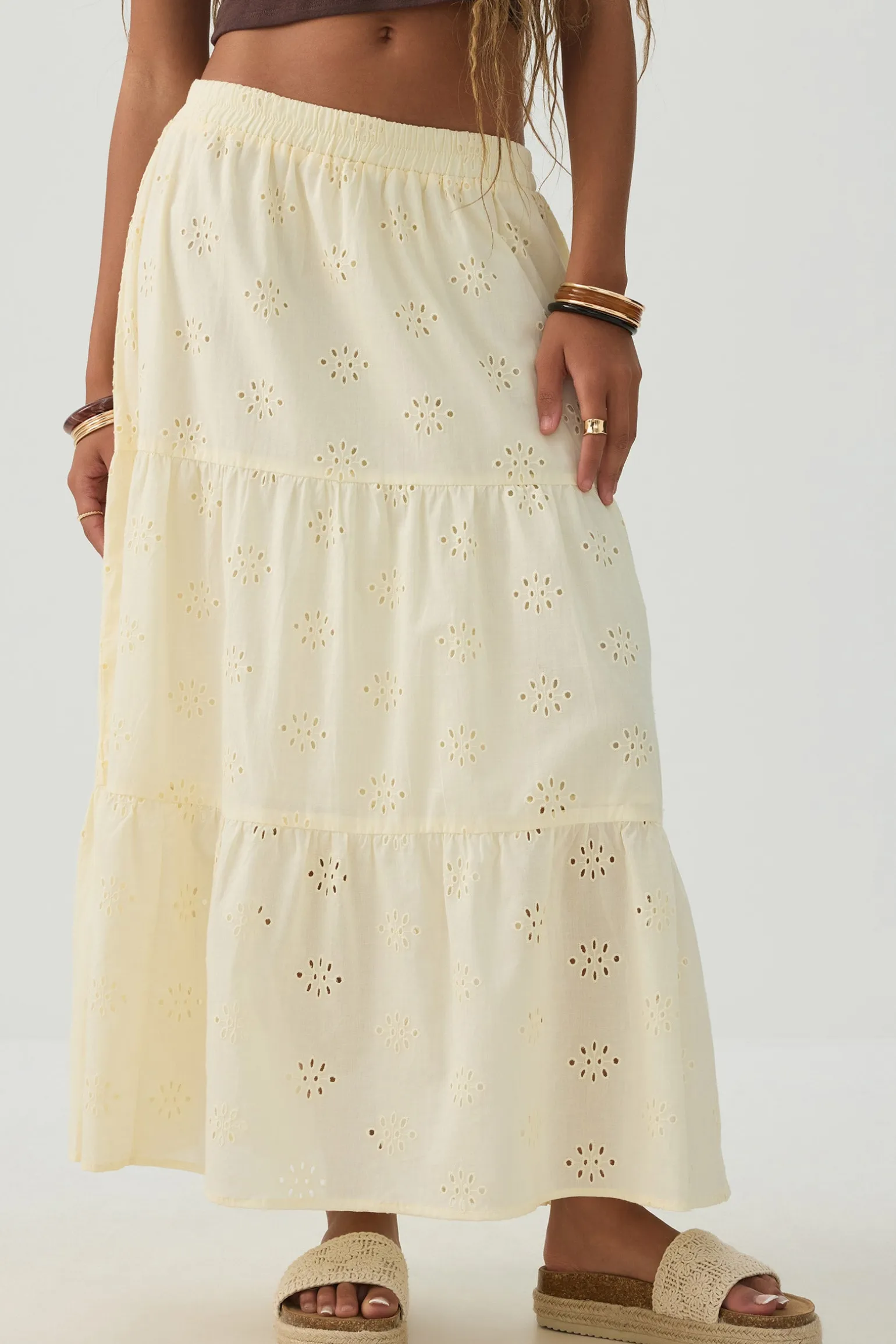 Eyelet Tiered Midi Skirt