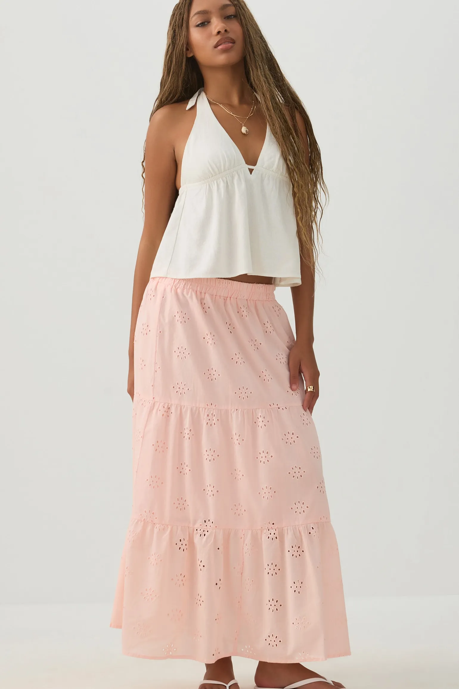 Eyelet Tiered Midi Skirt