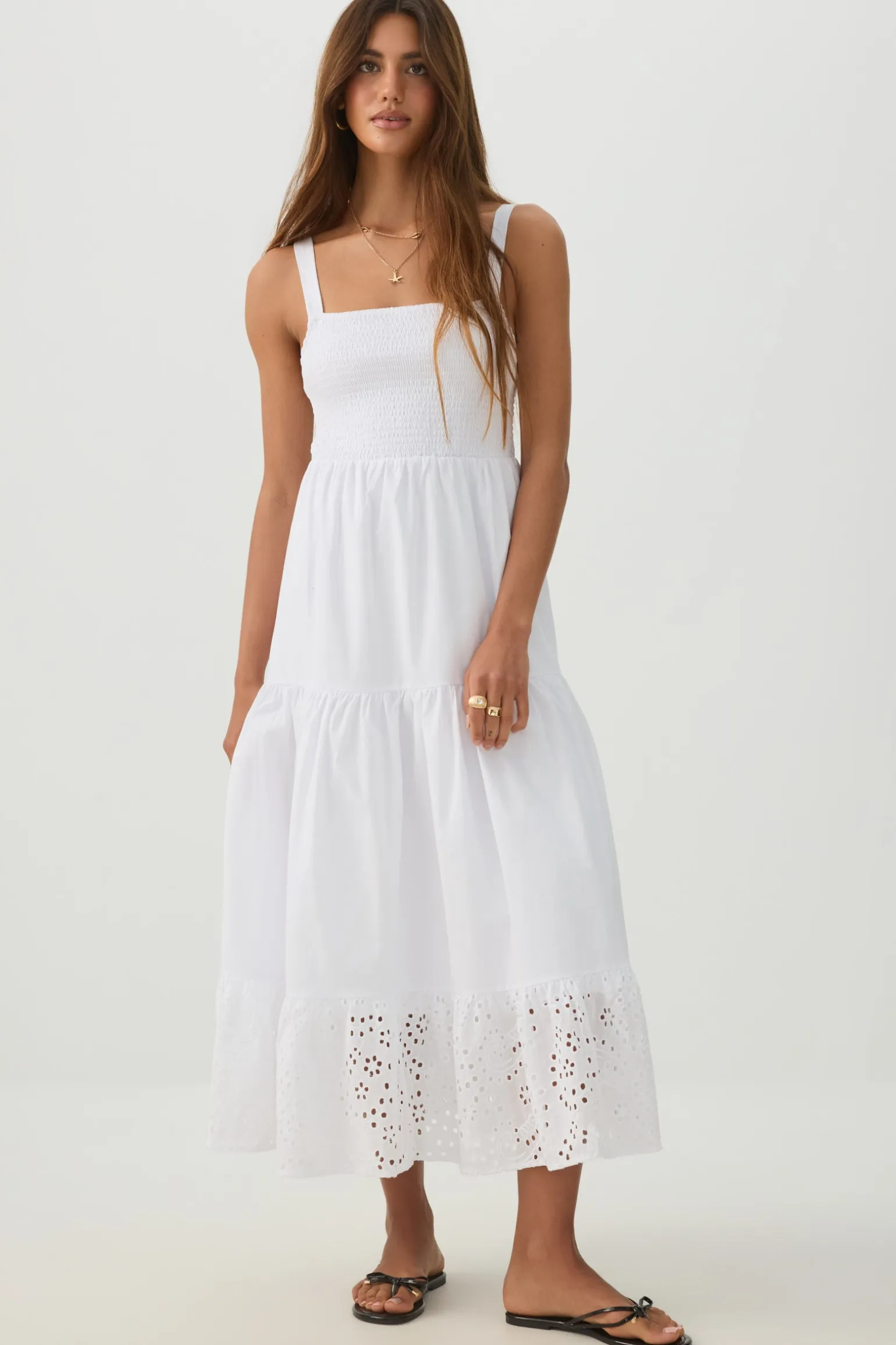 Eyelet Tiered Smocked Maxi Dress