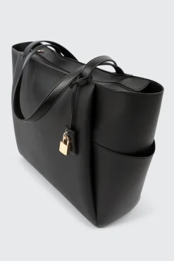 Faux Leather Tote Bag with Padlock Charm