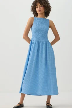 High Neck Smocked Midi Dress