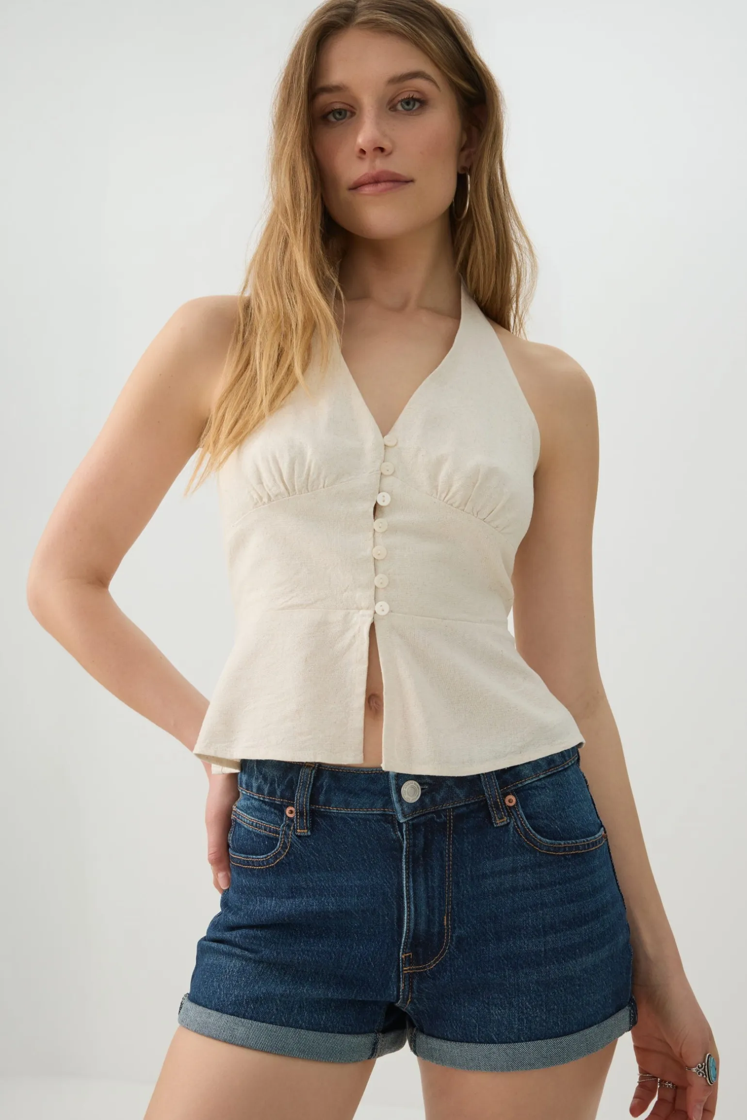 High Rise Denim Cuffed Short Shorts