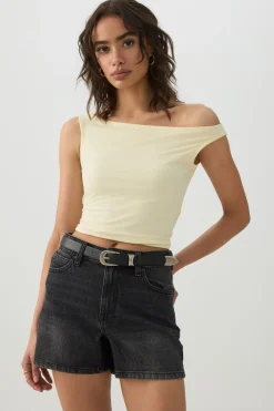 High Rise Denim Midi Shorts