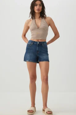 High Rise Denim Midi Shorts