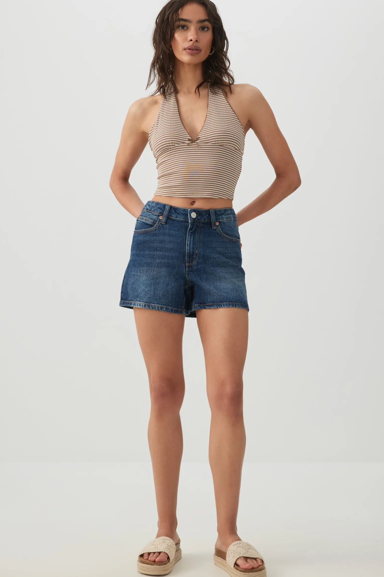 High Rise Denim Midi Shorts