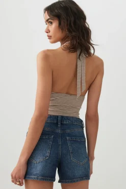 High Rise Denim Midi Shorts