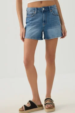High Rise Denim Midi Shorts
