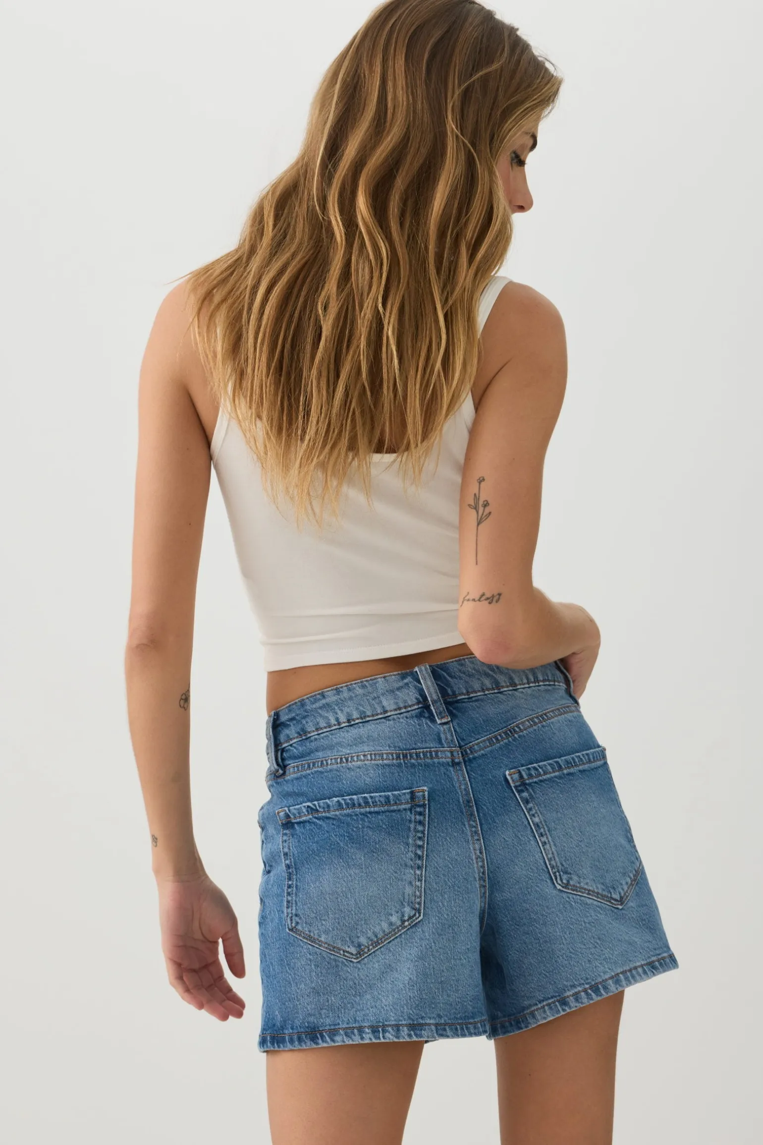 High Rise Denim Midi Shorts