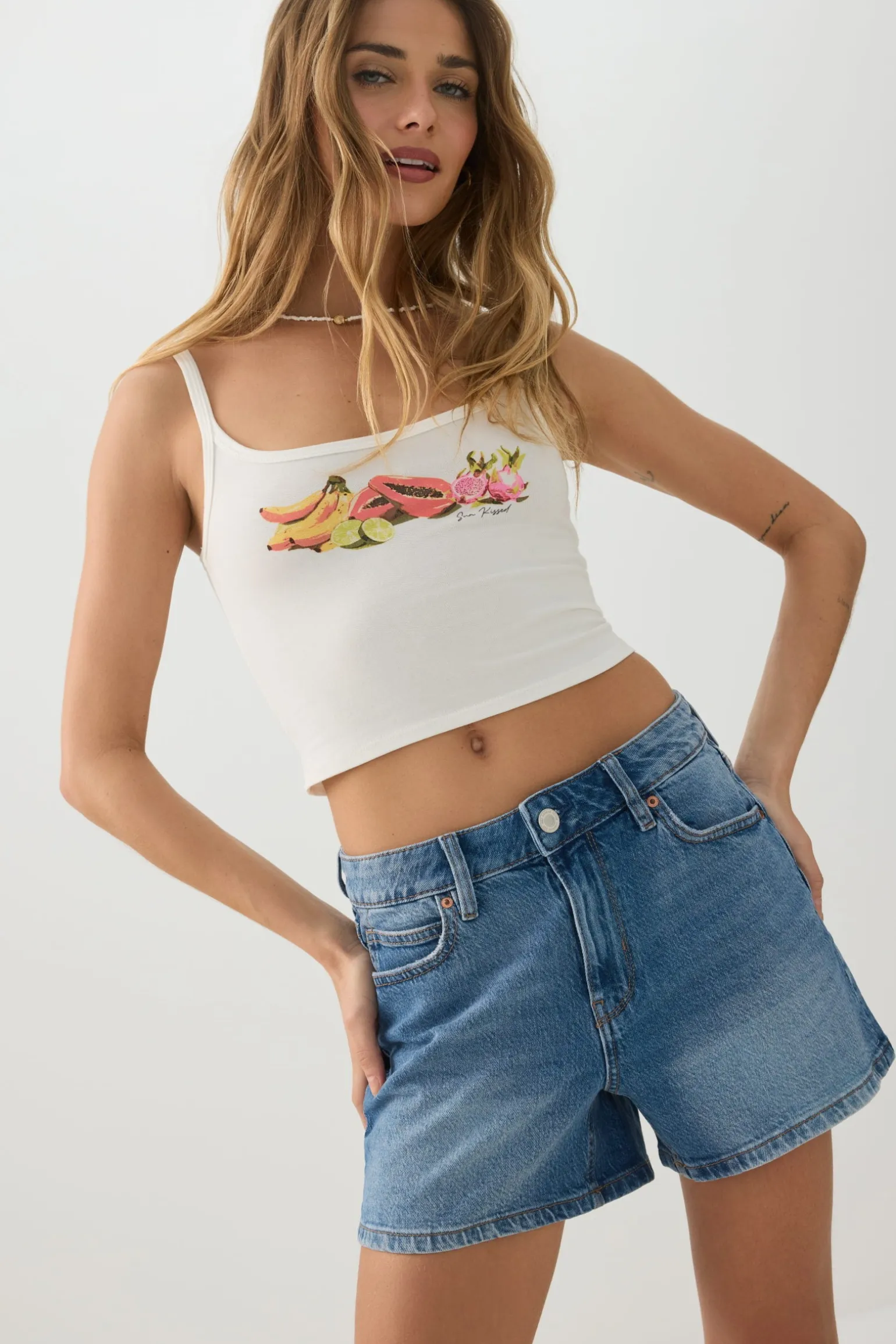 High Rise Denim Midi Shorts