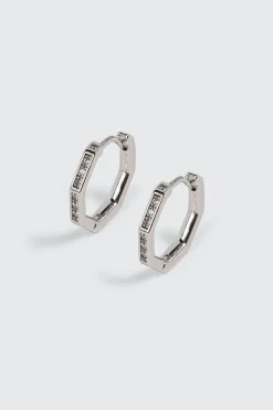 14K White Gold Plated Hexagon Hoop Earrings