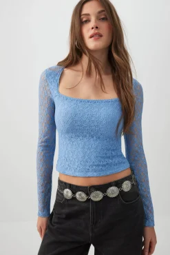 Lace Trapeze Neck Long Sleeve Top