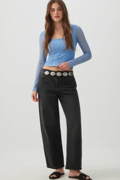Lace Trapeze Neck Long Sleeve Top