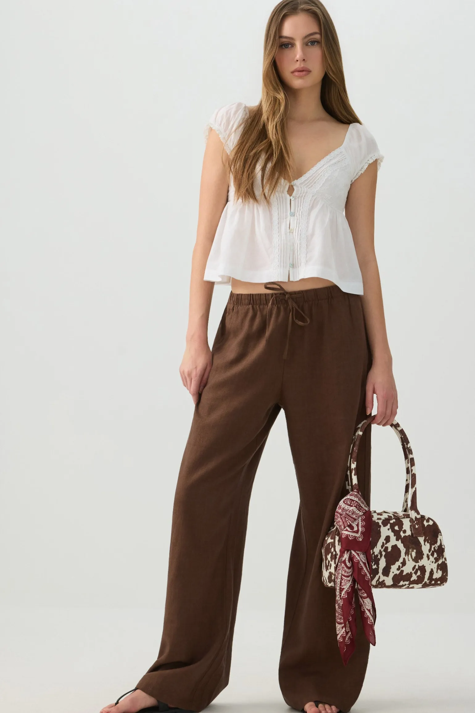 Linen Blend Mid Rise Pants