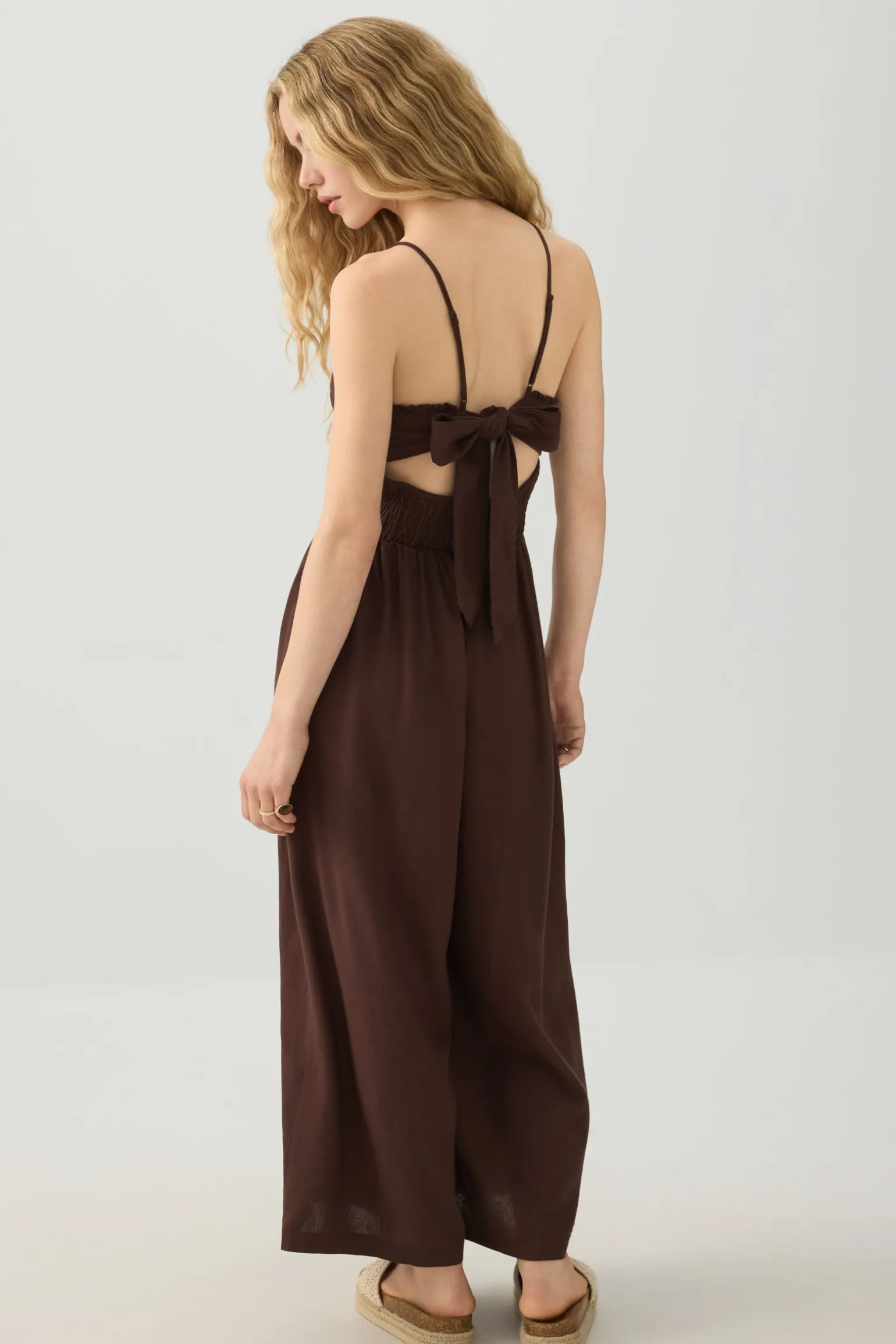 Linen Blend Smocked Bustier Culotte Jumpsuit