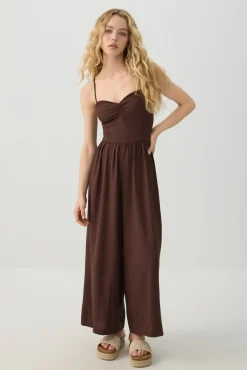Linen Blend Smocked Bustier Culotte Jumpsuit