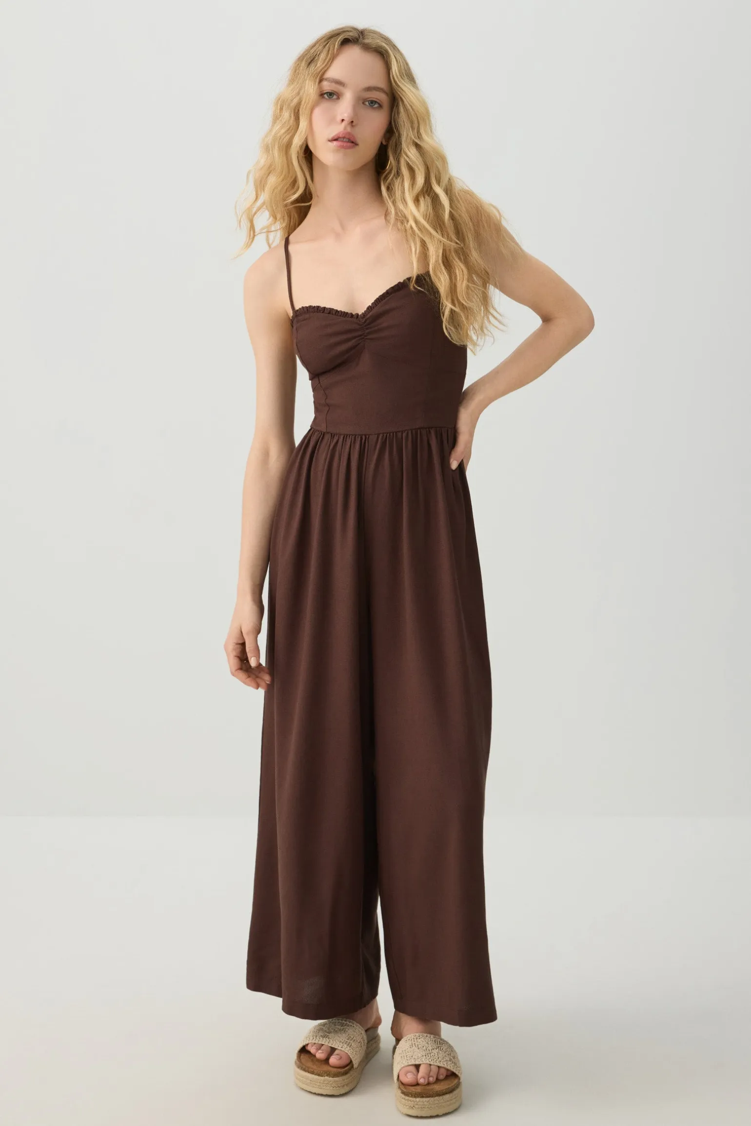 Linen Blend Smocked Bustier Culotte Jumpsuit