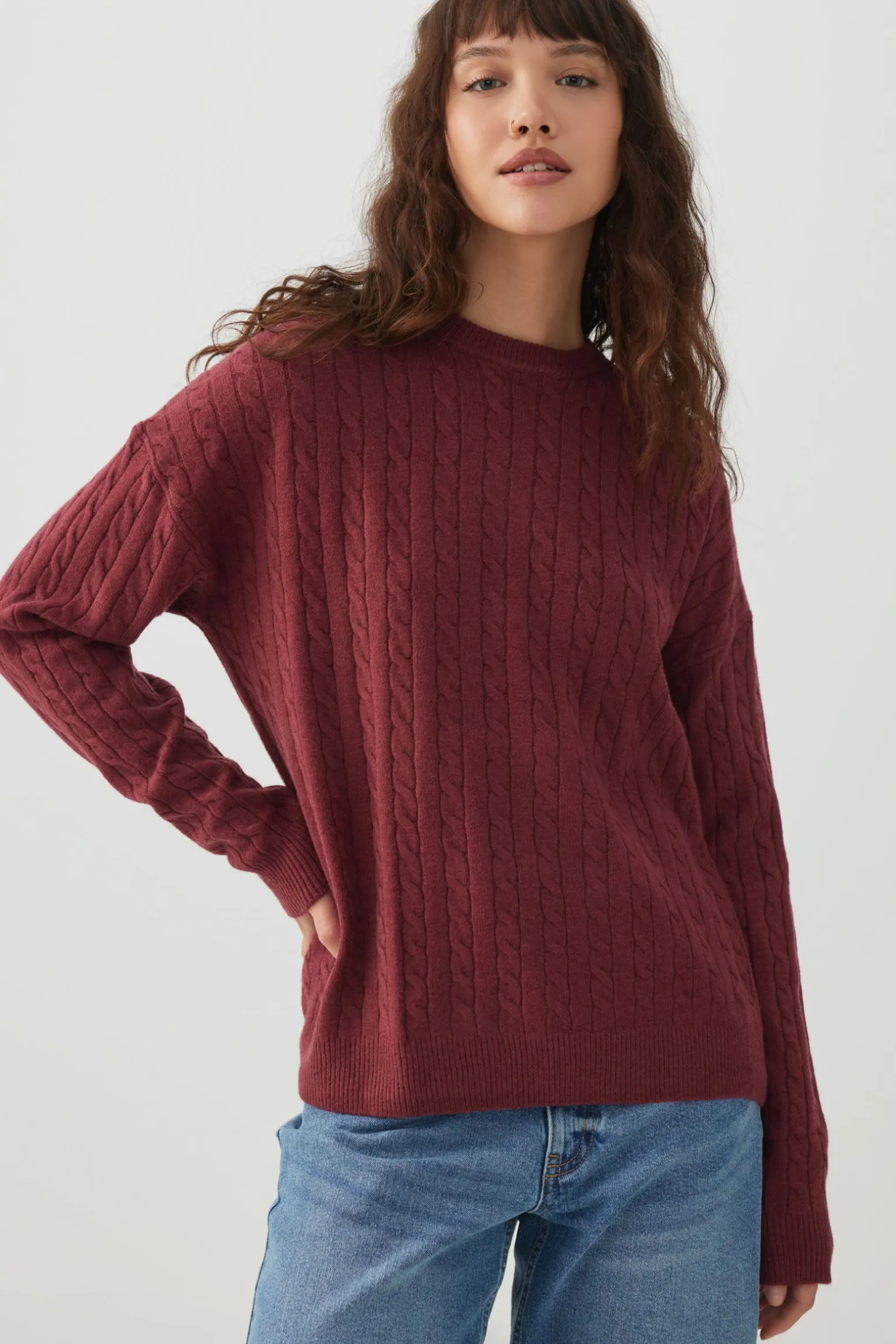 Long Cable Knit Crew Neck Sweater