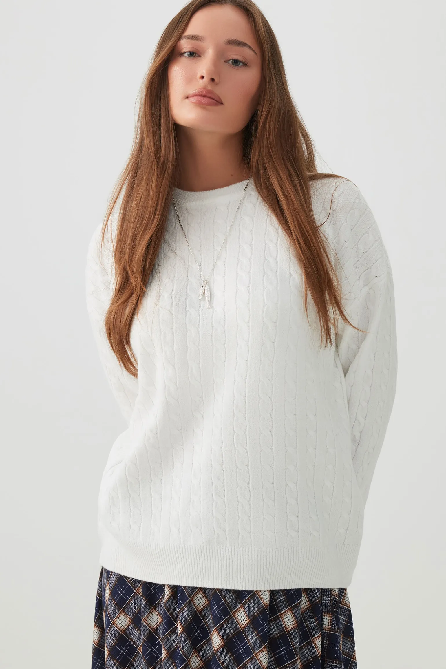 Long Cable Knit Crew Neck Sweater