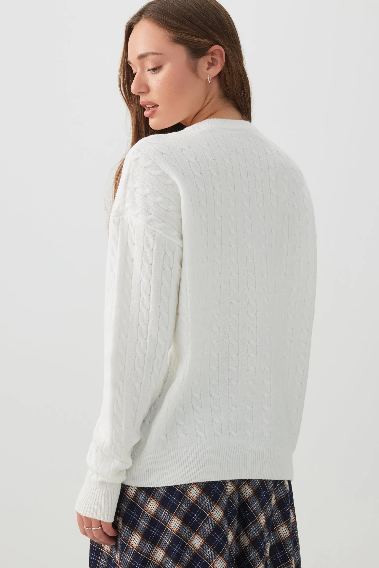 Long Cable Knit Crew Neck Sweater