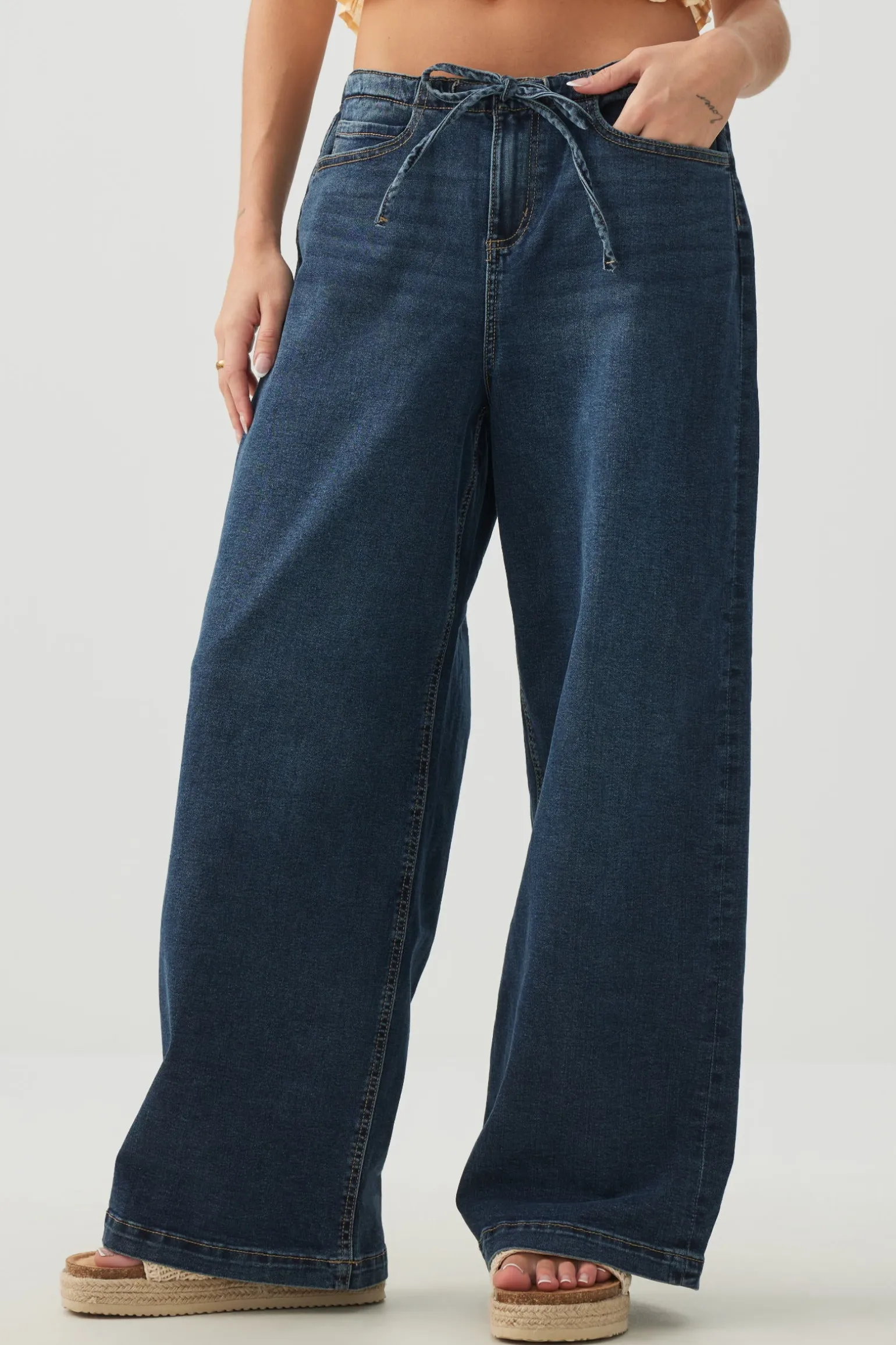 Low Rise Drawstring Wide Leg Jeans