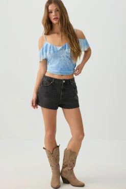 Mesh Cold Shoulder Short Sleeve Top