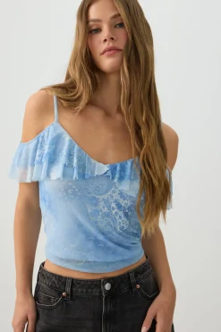 Mesh Cold Shoulder Short Sleeve Top