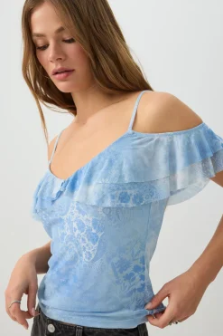 Mesh Cold Shoulder Short Sleeve Top
