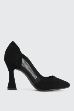 Mesh & Faux Suede Flare Heel Pumps